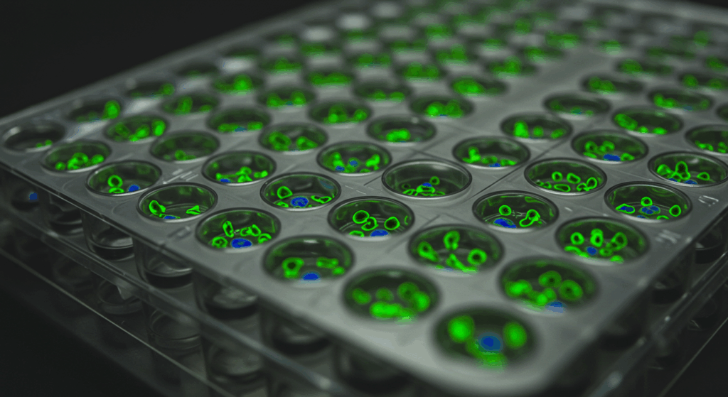 green and bue glowing cells in a microplate illustrating the concelpt of a cell-based assay