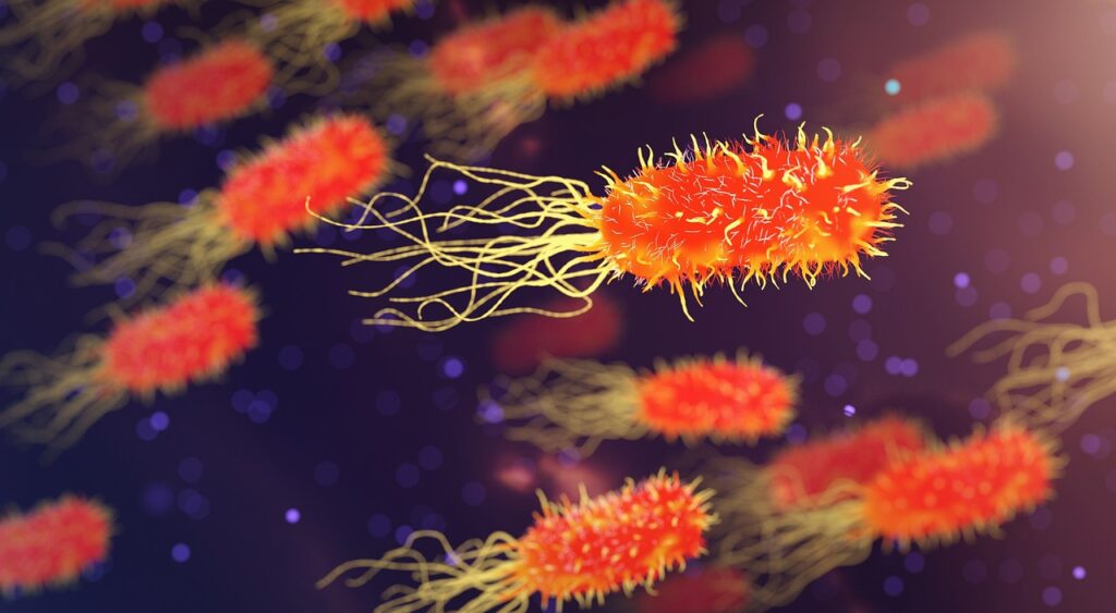 3D rendering of rod-shaped bacteria with long flagella swimming through a dark purple, particle-filled background.