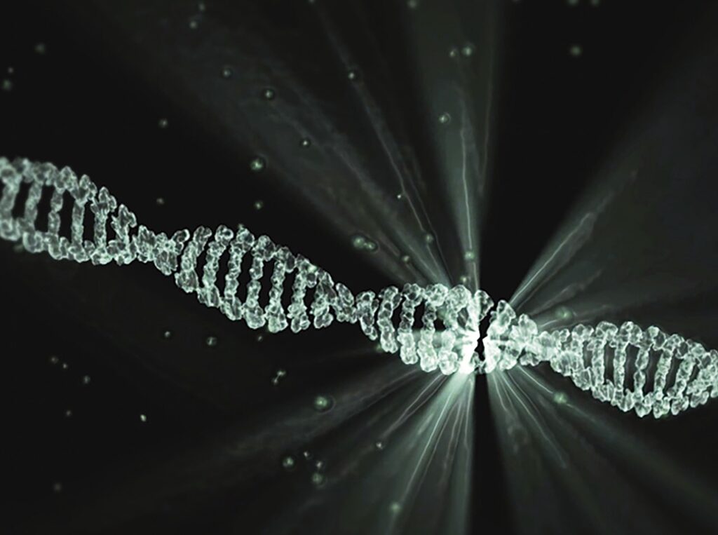 Digital rendering of a glowing DNA double helix suspended in a dark, abstract background.
