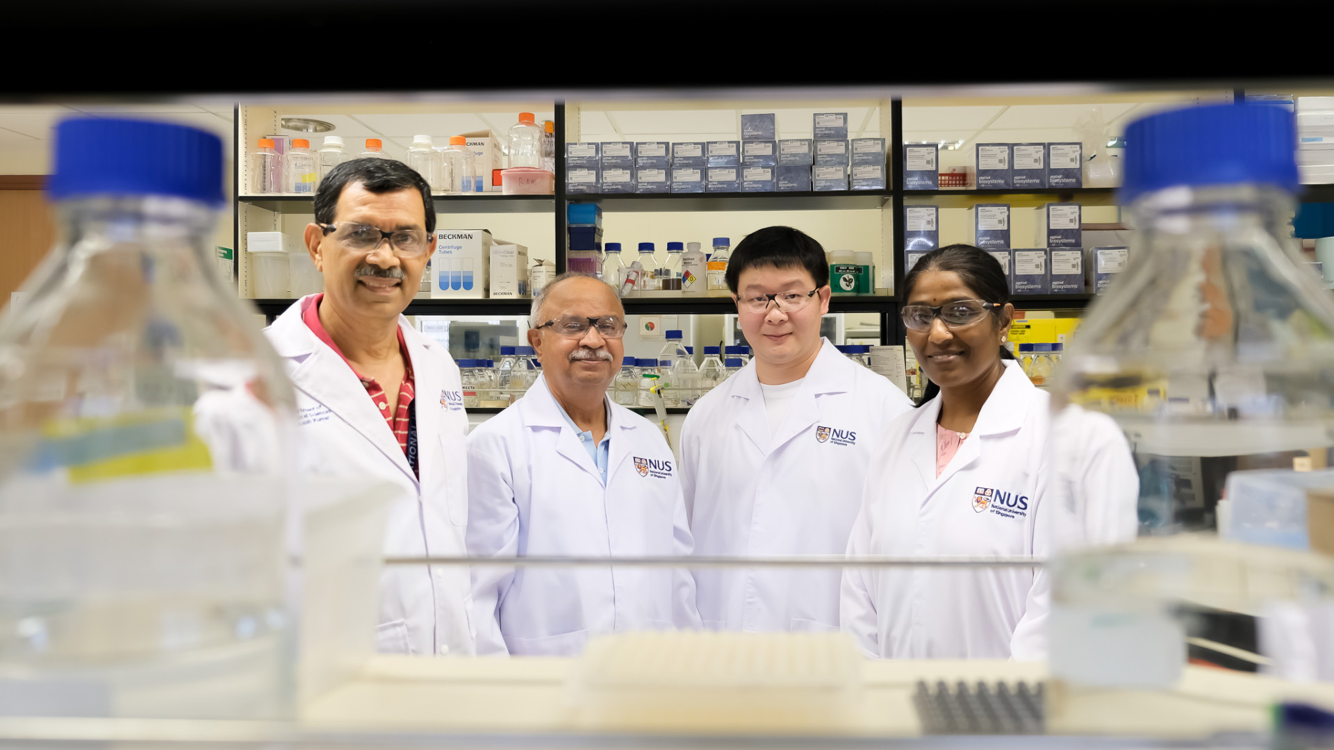 A team of scientists from NUS comprising (left to right) Prof Prakash Kumar, Prof Manjunatha Kini, Dr Li Jianwei and Dr Pannaga Krishnamurthy, has developed a new class of artificial water channels for more efficient industrial water purification. Image Credits: NSUnews.edu.sg