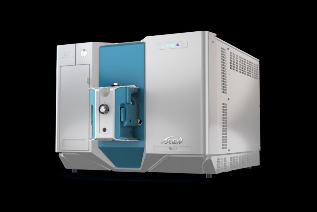 The SCIEX 7500+ mass spectrometry system on a black background