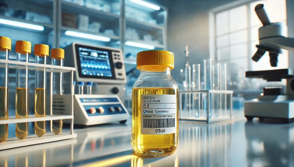 close-up image of a urine specimen bottle on a modern laboratory bench typical of a sample for a 4-panel drug test.