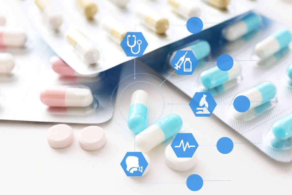 Viroous drugs and medications illustrating the concept of API manufacturing and testing