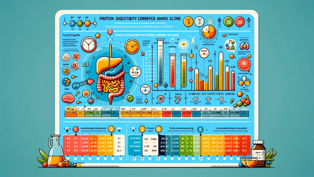 The infographic above visually illustrates the concept of Protein Digestibility Corrected Amino Acid Score (PDCAAS) testing, including key components like a comparison chart for amino acid profiles, a diagram of protein digestibility, and a scoring scale for protein quality.
