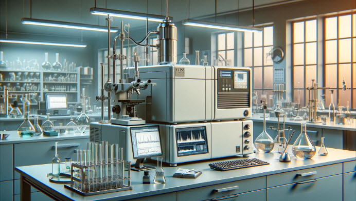 a detailed illustration of a Fourier Transform Infrared Spectroscopy (FTIR) instrument within a contemporary laboratory setting