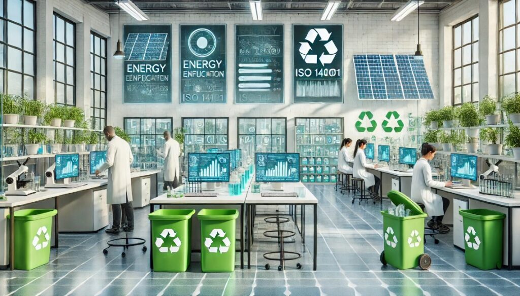 an artful image showing a modern laboratory in compliance with ISO 14001