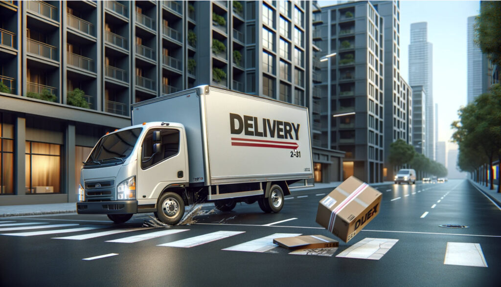 Illustration of a delivery truck driving through a city with packages falling off the truck