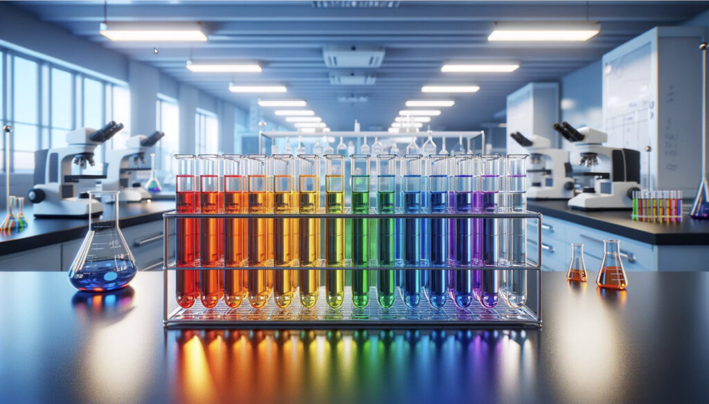 Image of a rack of test tubes with rainbow colored liquid