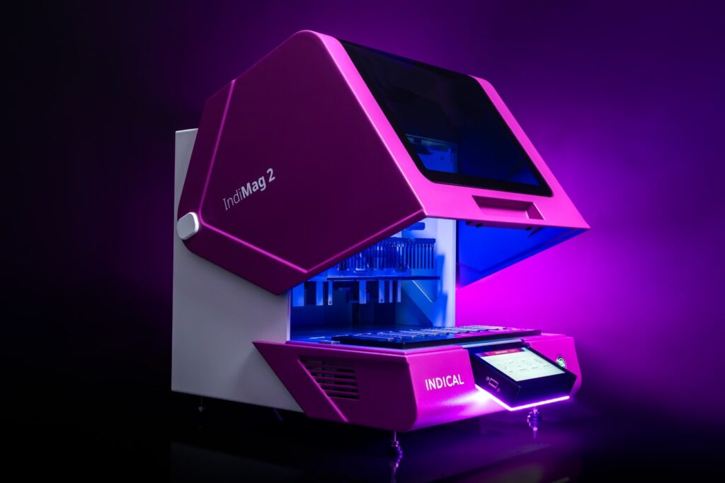 THe IndiMag 2 nucleic acid extractor on a purple background