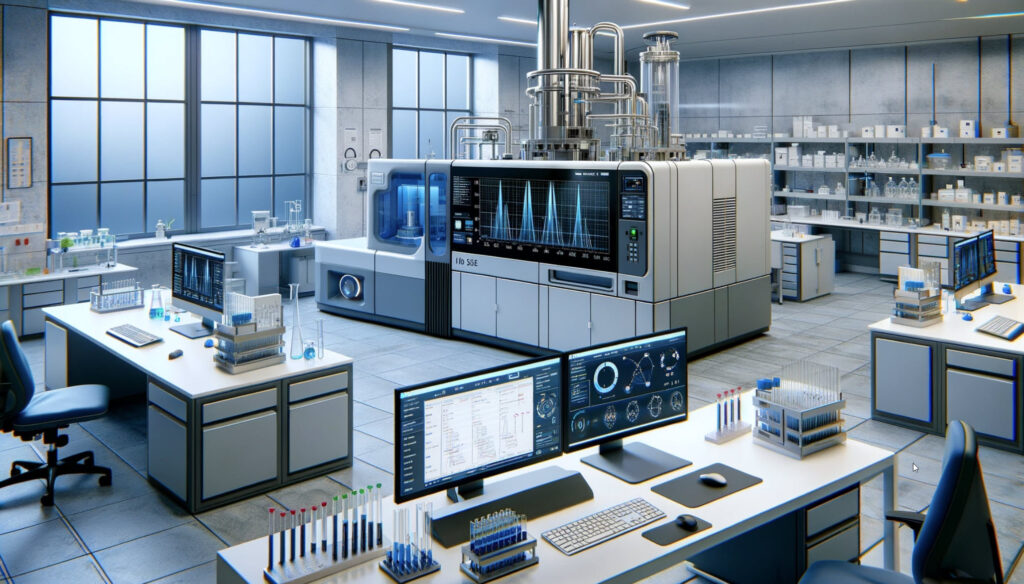Illustration of a modern lab with computers and analytical instruments