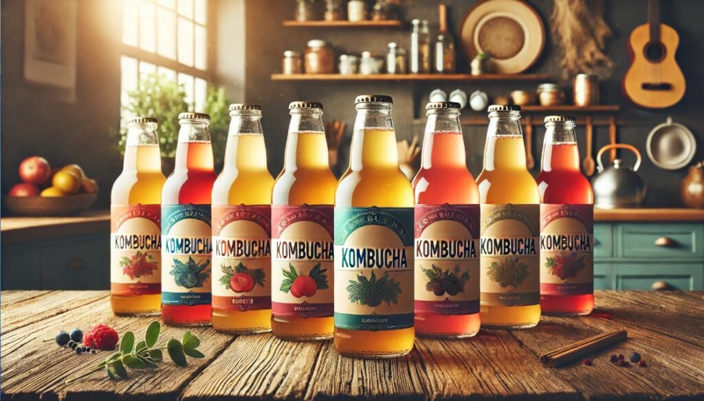 Bottles of kombucha lined on a wooden table top emphasizing the importance of kombucha testing and analysis