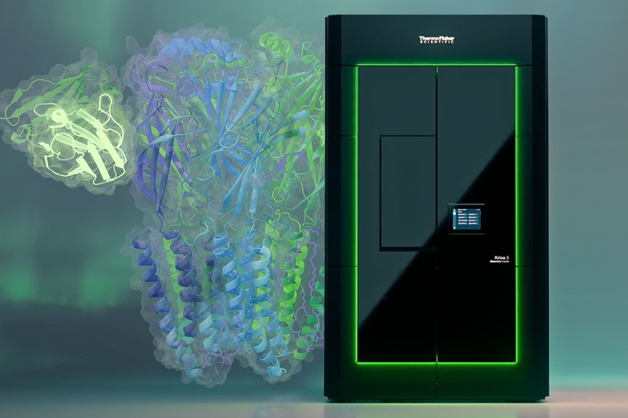 The Krios 5 cryo-TEM on a science background