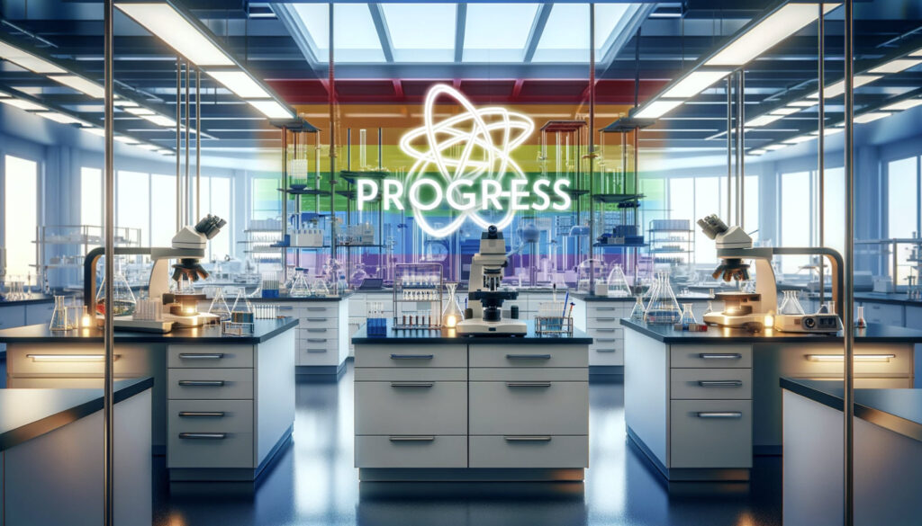 Inage of a modern lab with a rainbow pride flag in the background and the word "Progress"