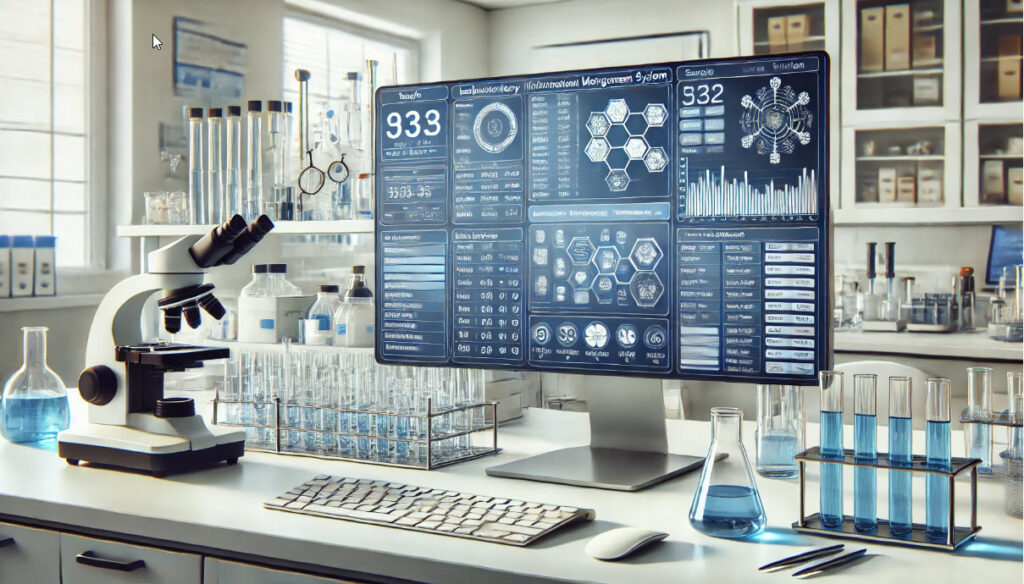 A modern laboratory with a computer displaying a LIMS system. The lab features advanced equipment and a professional environment focused on food and beverage testing.