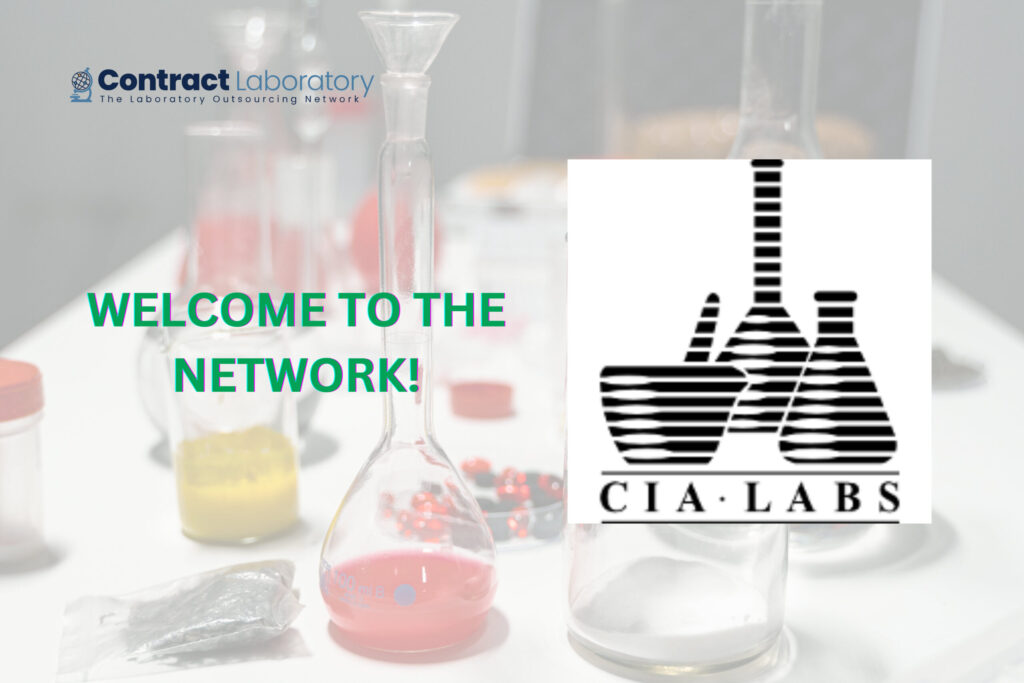 CIA Labs logo on a background of chemistry labware with colored liquids.