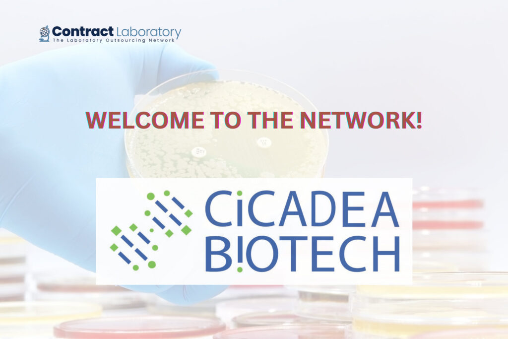 Cicadea Biotech logo on a background image of a gloved hand holding a plate with microbial growth showing zones of inhibition around two antibiotic discs.