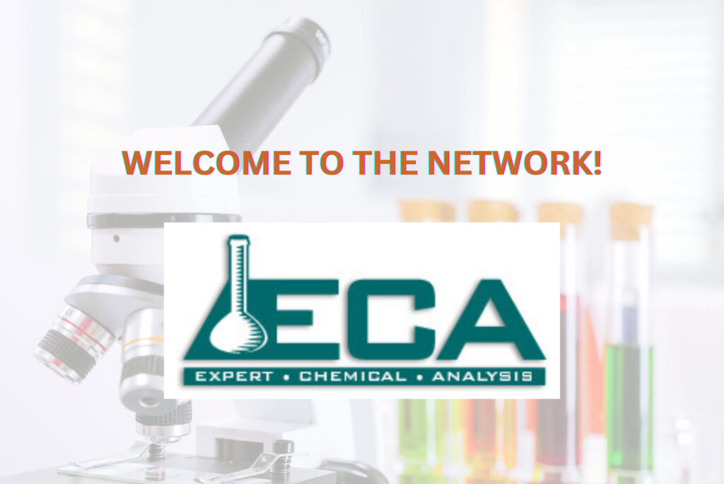 ECA logo with microscope and test tubes with colored liquids in the background.