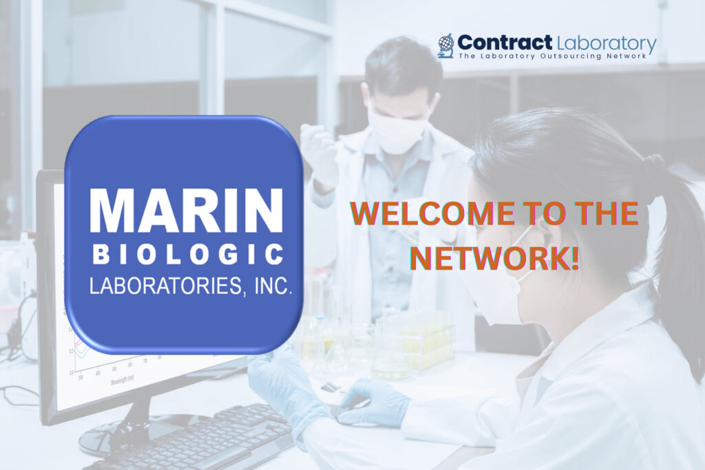 Marin Biologic Laboratories logo on a background of a laboratory setting with a male and a female researcher working.