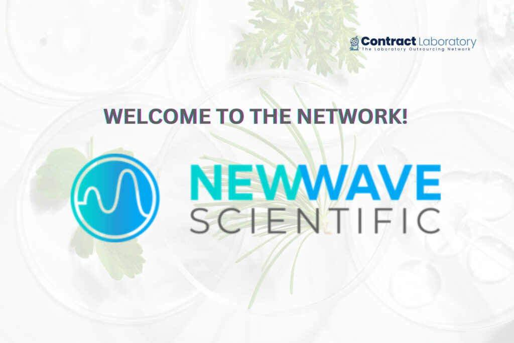 New Wave Scientific logo on a background of Petri plates in focus with different types of leaves to be examined.