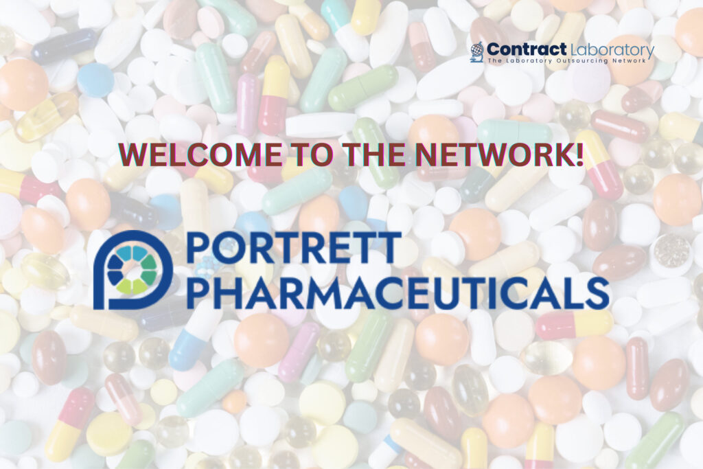 Portrett Pharmaceuticals logo on a background of drug capsules