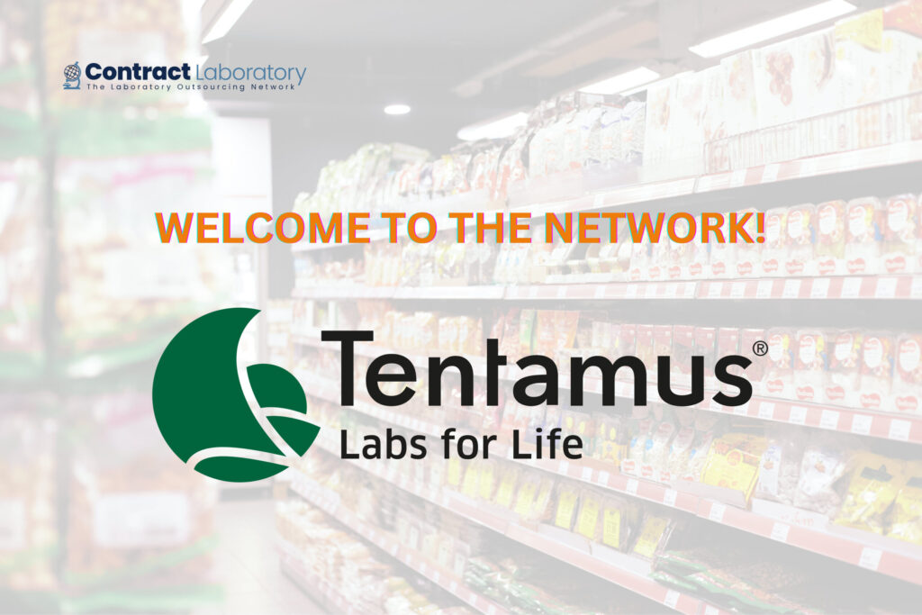 Tentamus NA logo on a background of a supermarket aisle with consumer products.
