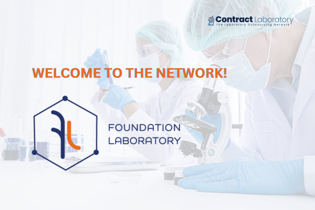 Foundation Laboratory logo on a background of a lab setting with a male and female researcher looking into microscope and performing experiments.