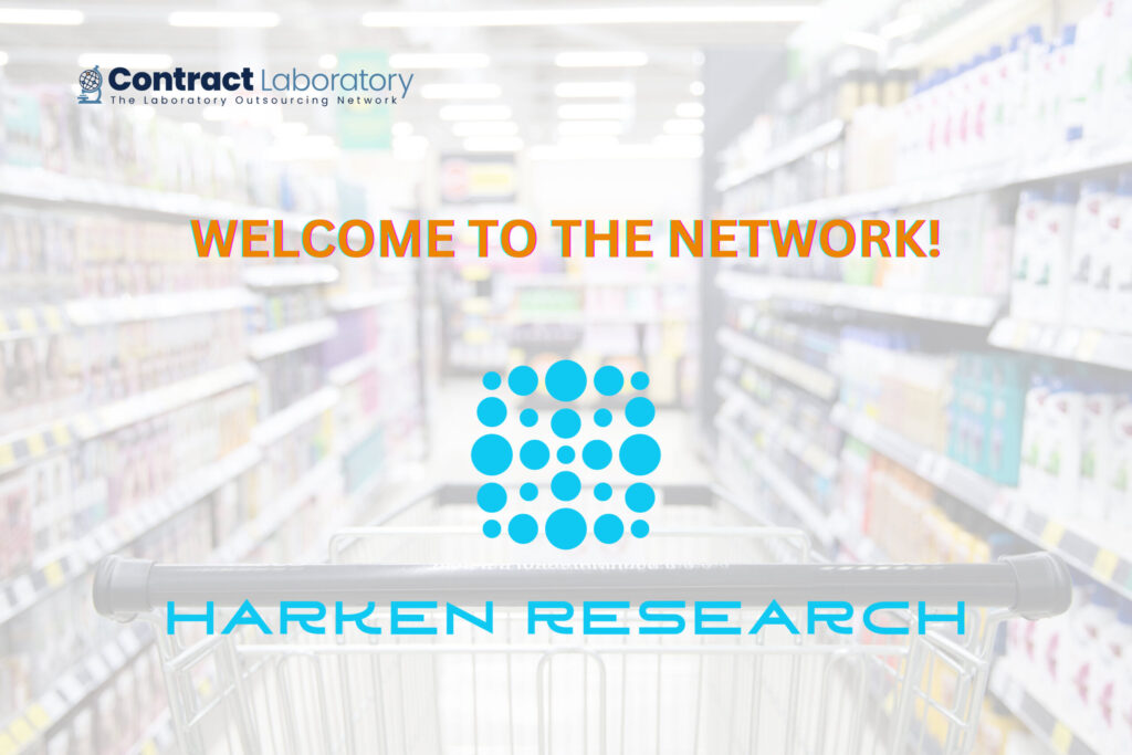 Harken Research logo on background of a shopping cart in a supermarket aisle with consumer products.