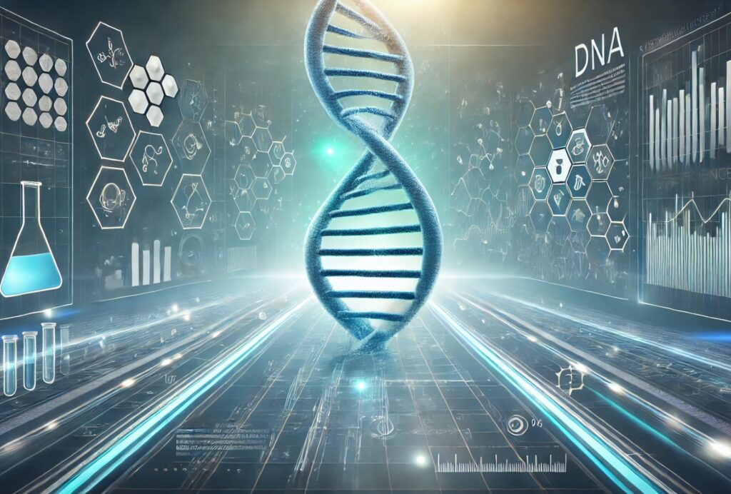 image of a DNA heklix on a blue background with scientific symbols represting loop-mediated isothermal amplification (LAMP)