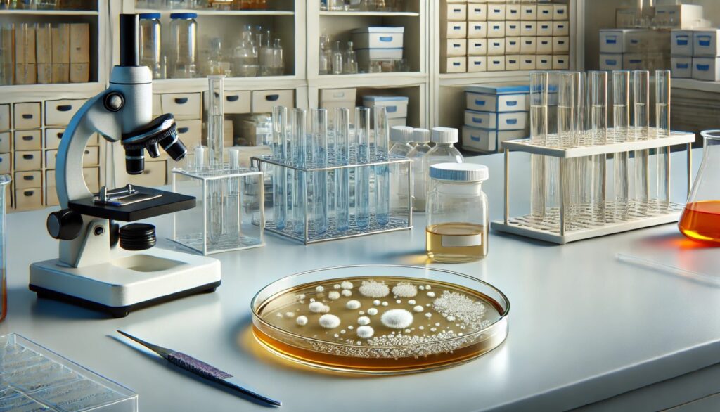 image of an agar plate with Mueller-Hinton agar on a modern lab bench