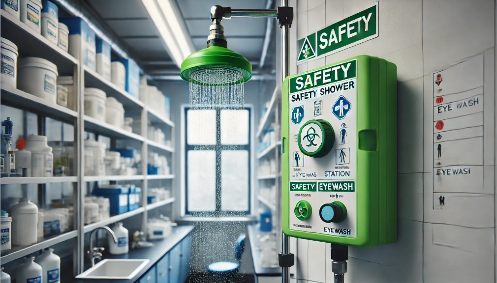 Image of a laboratory safety shower emphasing the importance of OSHA and ANSI standards for eyewash stations and safety showers