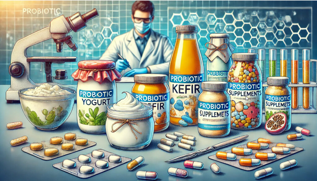 Image showing various probiotic products. This image highlights the diverse forms of probiotic products