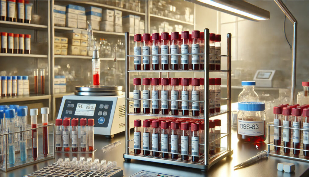Blood vials on a laboratory benchtop. This image emphasizes the focused and organized nature of handling blood samples in a clinical laboratory setting