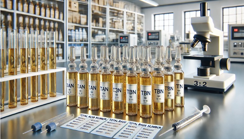 image focusing on vials of oil used for Total Acid Number (TAN) and Total Base Number (TBN) testing in a modern laboratory. This setup emphasizes the precision and care involved in oil testing
