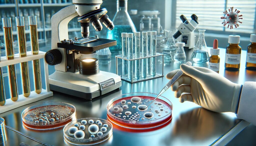 image depicting microbiological testing for pathogens in a laboratory setting. It captures the essence of the testing process with petri dishes