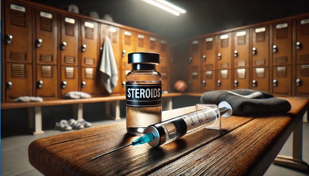 Hypodermic needle and vial labelled steroids on a locker room bench suggesting the importance of the world anti-doping agancy (WADA) testing