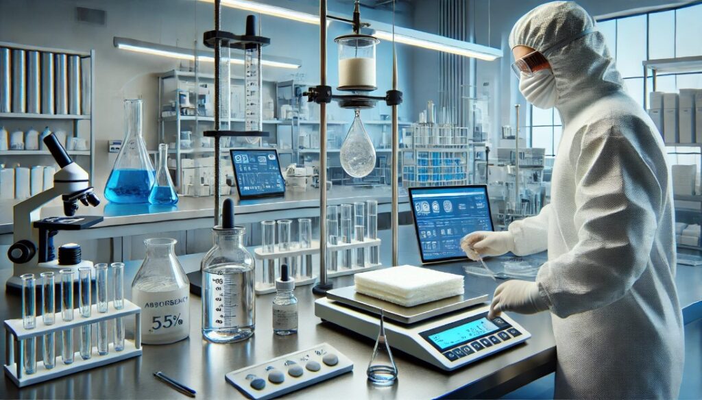 image of a modern laboratory setup depicting absorbency testing. It illustrates the advanced equipment and meticulous process involved in a state-of-the-art testing environment.