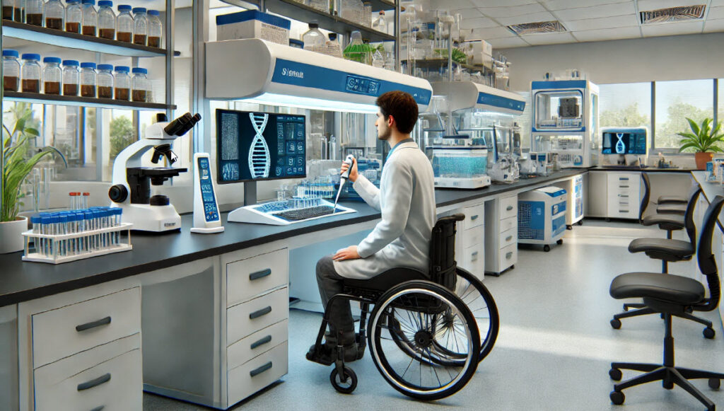 image depicting a modern biotechnology laboratory equipped with various assistive technologies: This image highlights an inclusive and innovative environment focused on biotechnology
