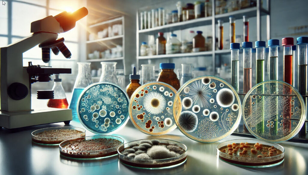 image showing several petri dishes growing various microbial cultures in a clean laboratory setting.