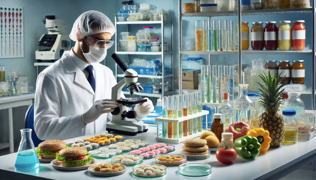 image showing the bioburden testing of food in a laboratory setting. The detailed scene highlights the meticulous nature of the testing process