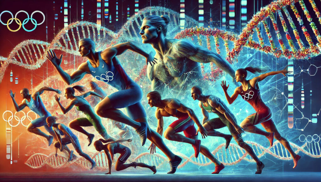 dynamic image showcasing various Olympic athletes with a background featuring DNA strands. This visual representation highlights the connection between genetics and athletic performance