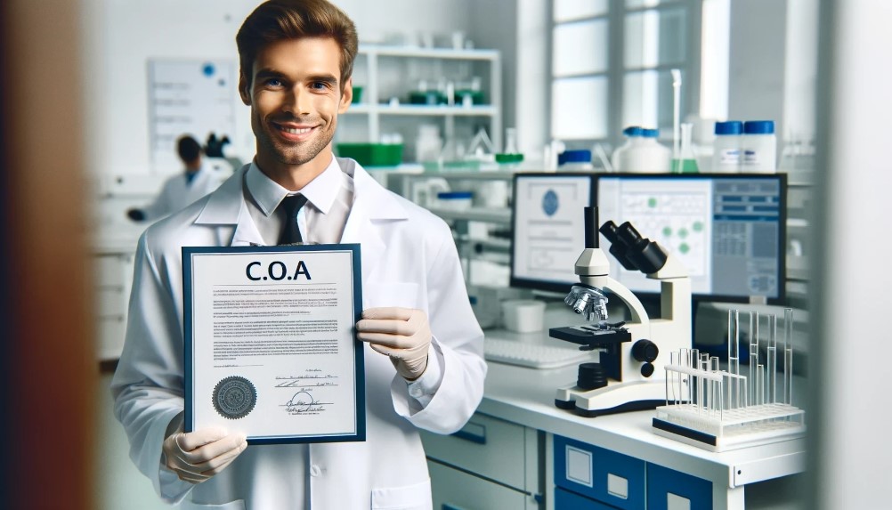 LAboratory professional holding a clipboard with a certificate of analysis