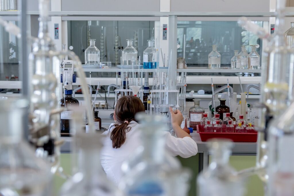 A Scientist works on an experiment in a laboratory.