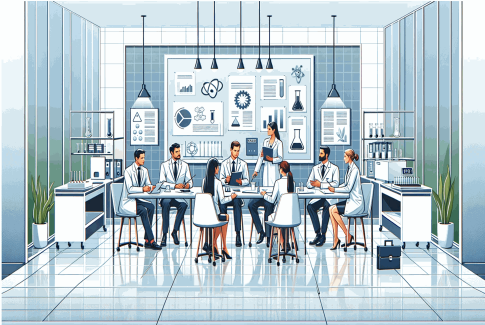 Illustration of a diverse group of Scientists sitting around a boardroom table
