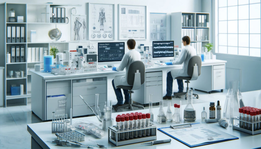 image depicting a modern clinical laboratory setting focused on drug testing: This image illustrates the professionalism