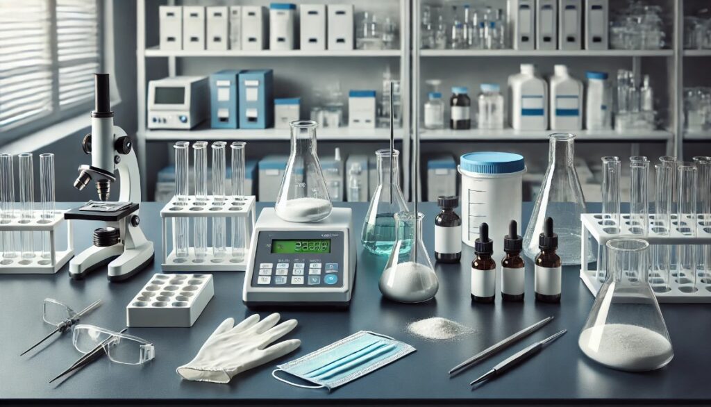 image of a laboratory bench with various testing equipment and vials of white powder. It depicts a modern