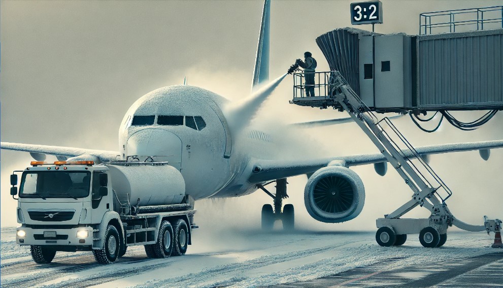 image showing deicing fluid being applied to an aircraft.