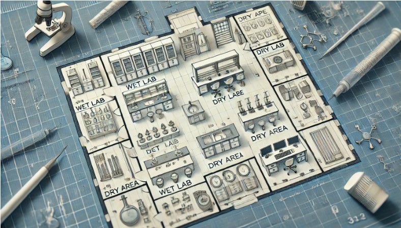 image of a blueprint with laboratory design schematics. You can see various lab zones and equipment symbols depicted a suggesting requirements for designing a modern laboratory