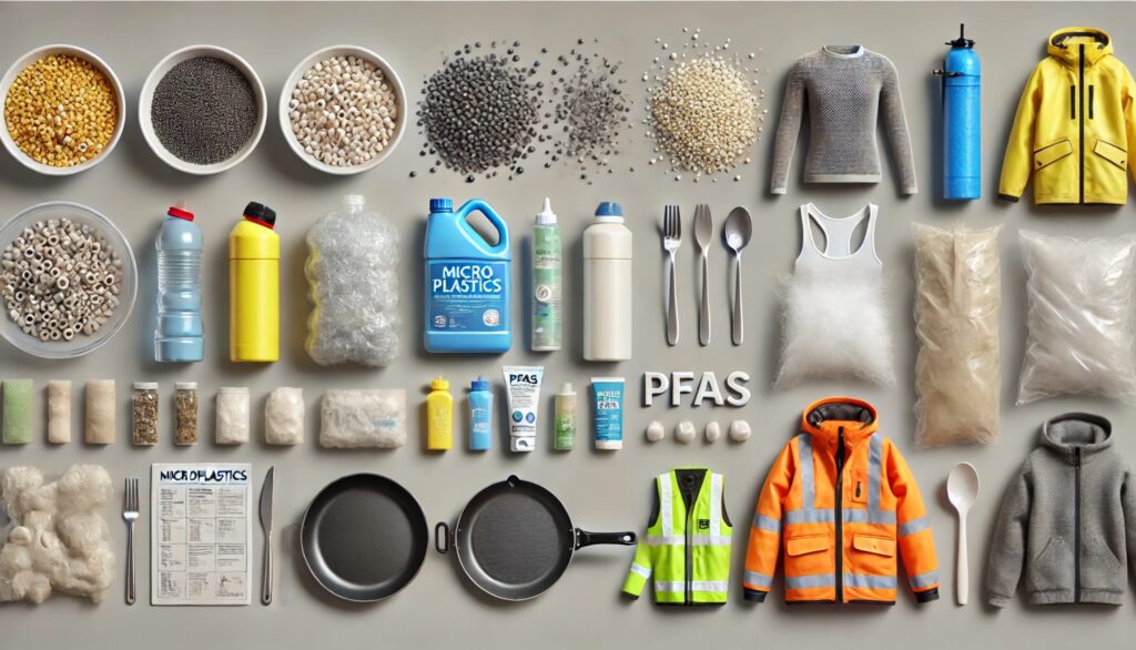 image showing examples of microplastics and PFAS products. This visual focuses on key items associated with each type of pollutant