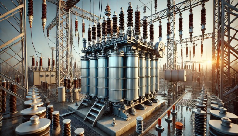 image of an oil-filled electrical transformer in an industrial setting.