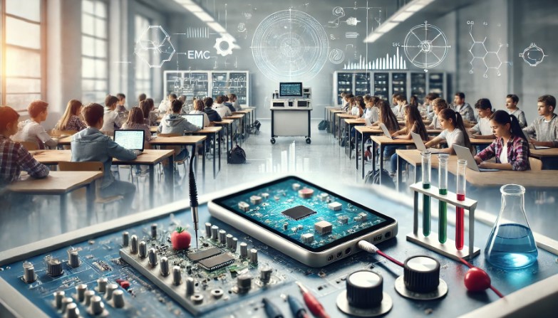 image showing electronic device testing for tablets and laptops in schools. It visually represents the connection between education and safety testing.